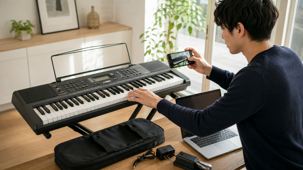 キーボードピアノの動作確認と査定用写真を撮る男性