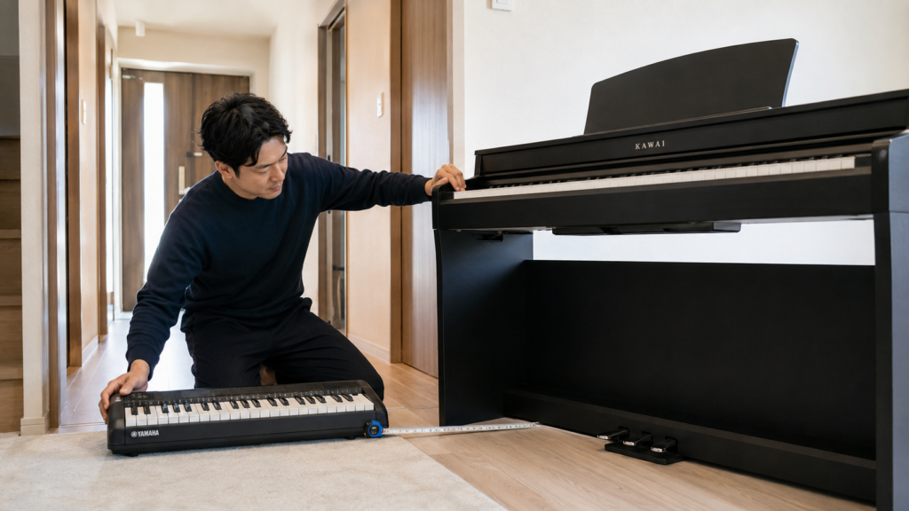 卓上キーボードと脚付き電子ピアノのサイズを比較する男性