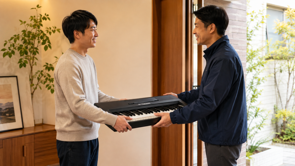 キーボードピアノを引き取りで受け渡す男性
