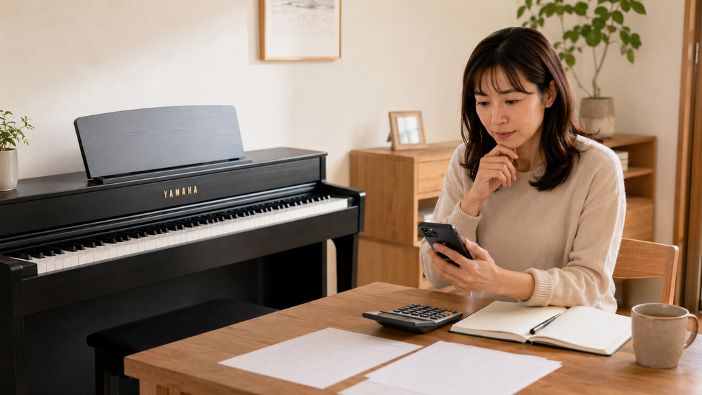 電子ピアノの引き取り料金と追加費用を確認する女性