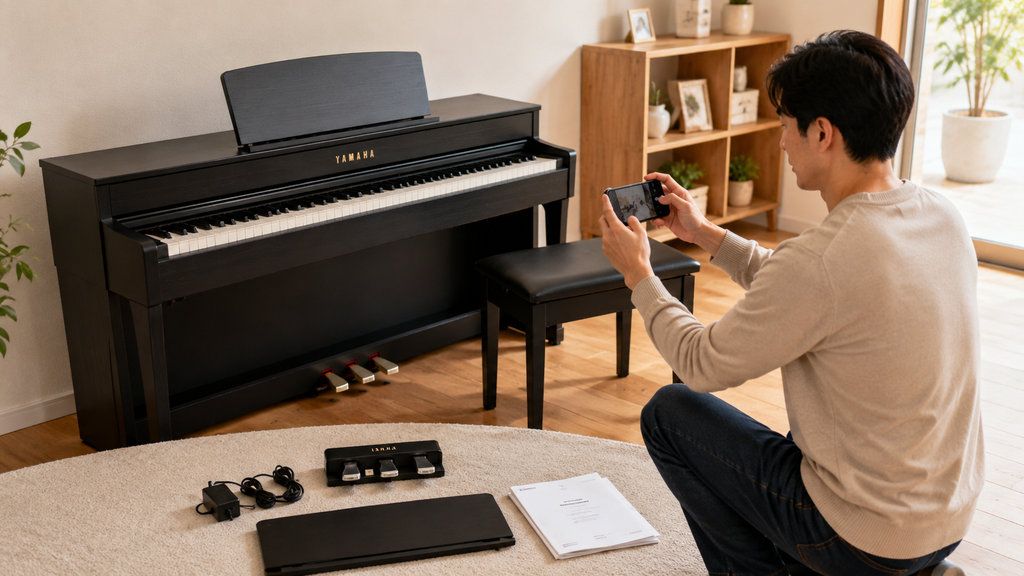 買取査定前にYAMAHA電子ピアノと付属品を撮影する男性