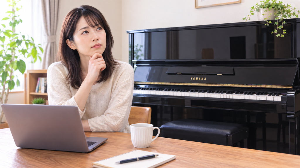 京都でピアノ買取査定前にアップライトピアノの状態を確認する女性
