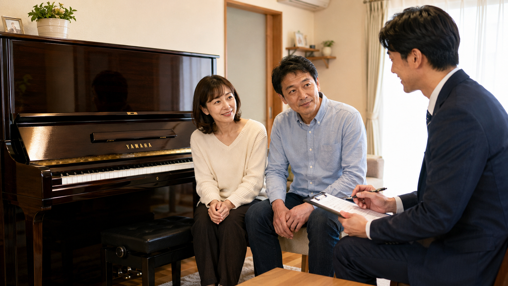 京都でピアノの査定額や搬出条件を担当者に確認する夫婦