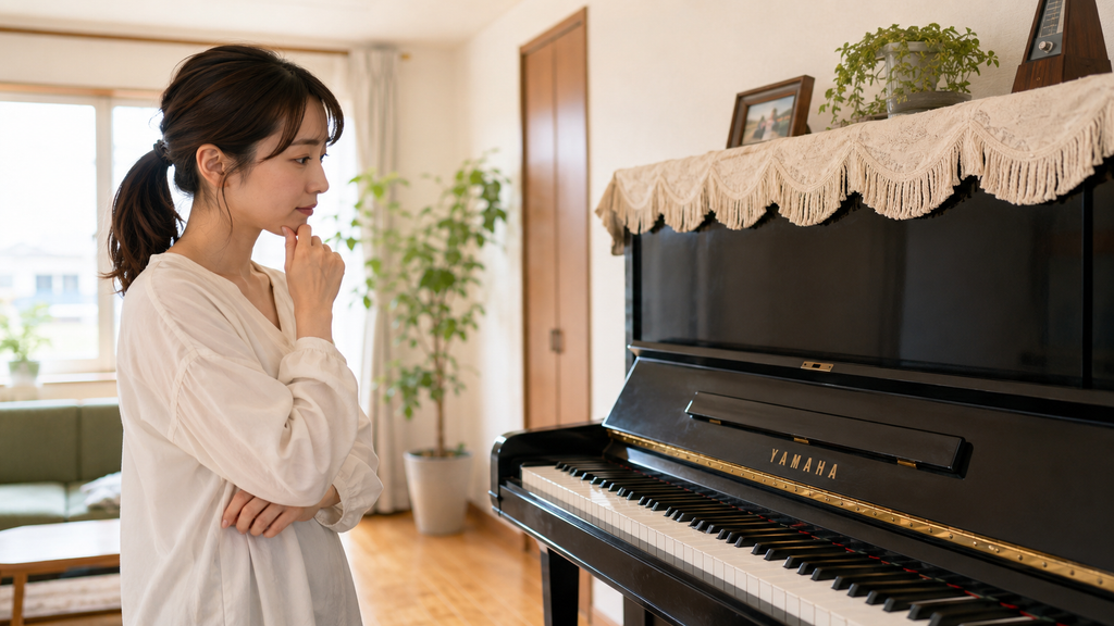 京都でピアノ買取の査定結果を比較して売却先を検討する女性
