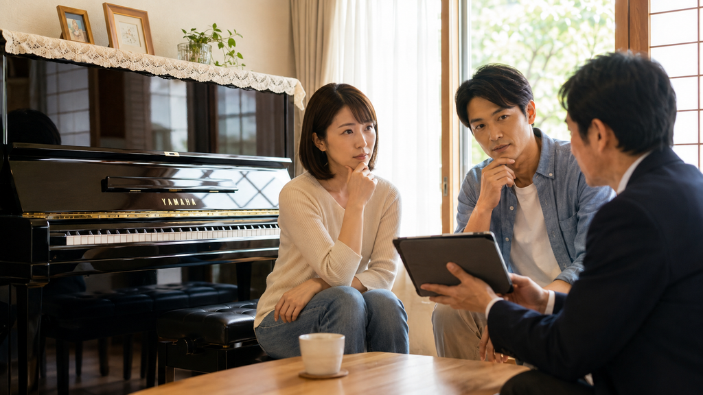 京都の自宅でピアノ買取の査定条件を相談する様子