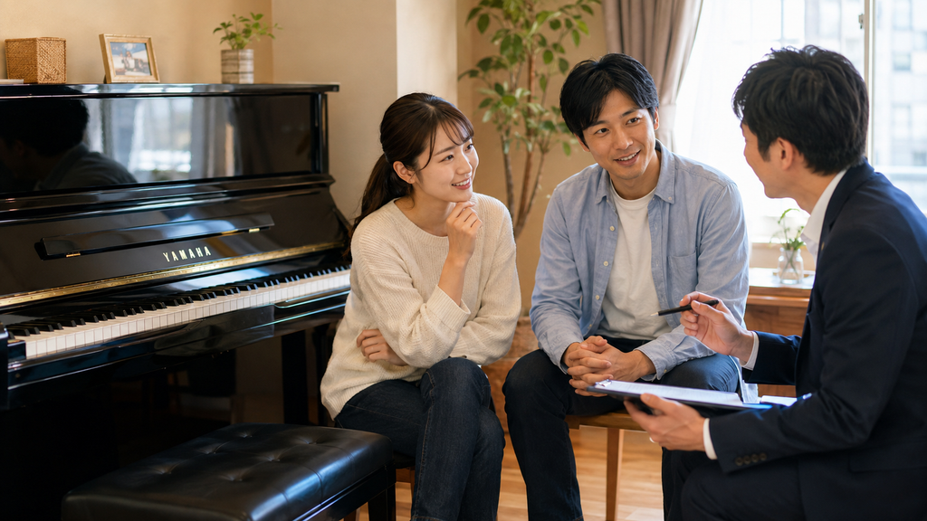 岡山の自宅でピアノ買取の査定条件をスタッフへ相談する夫婦