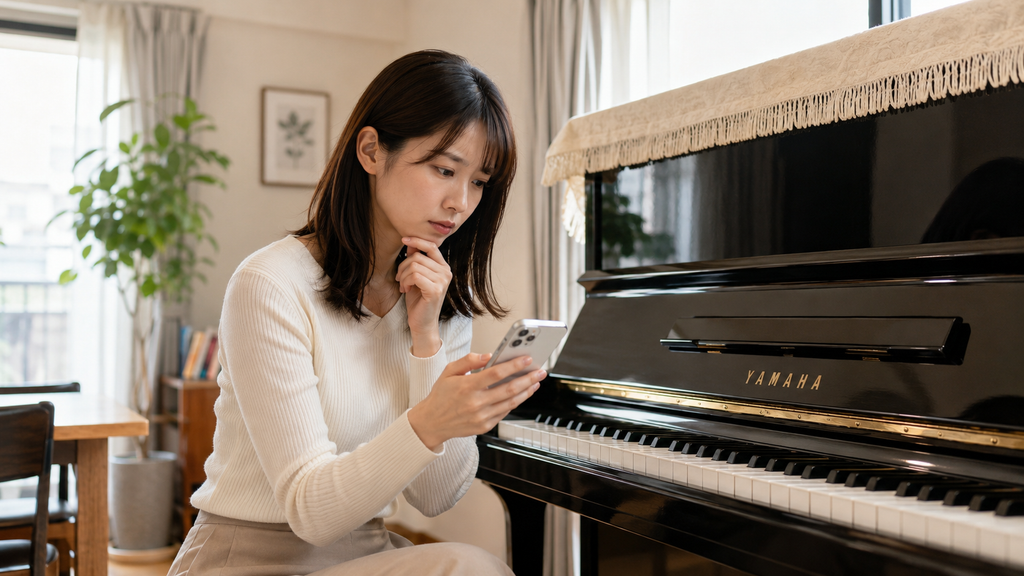 岡山でピアノ買取の複数社査定をスマートフォンで確認する女性