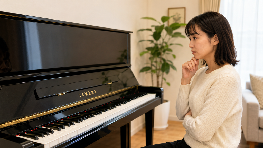 YAMAHAアップライトピアノの状態と買取価格を確認する女性