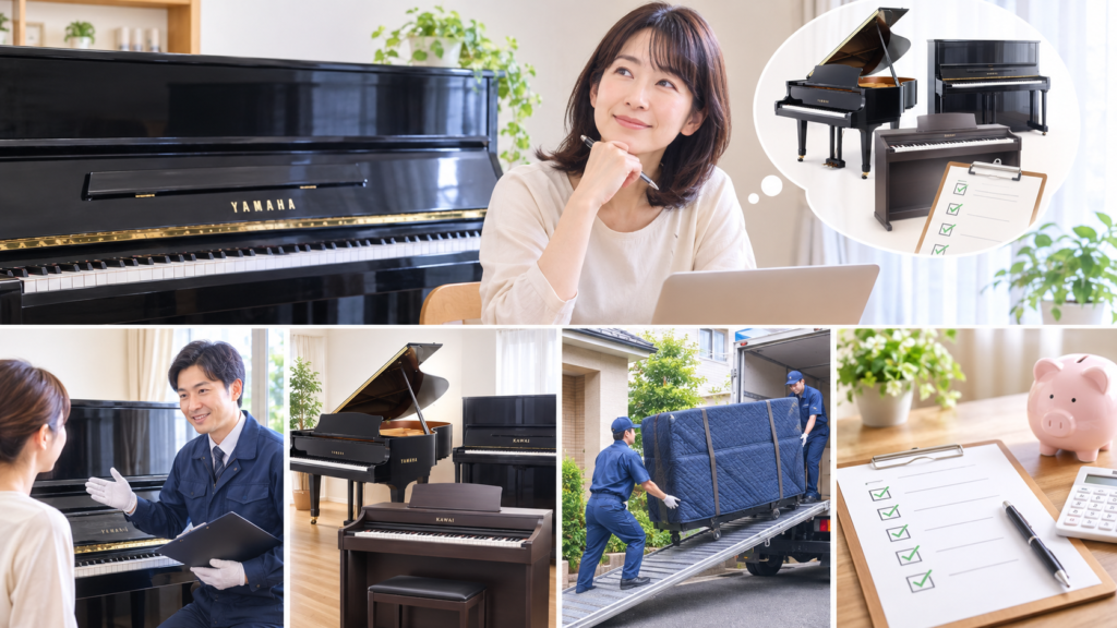 YAMAHAやKAWAIのピアノ査定で製造番号や搬出条件を確認する様子