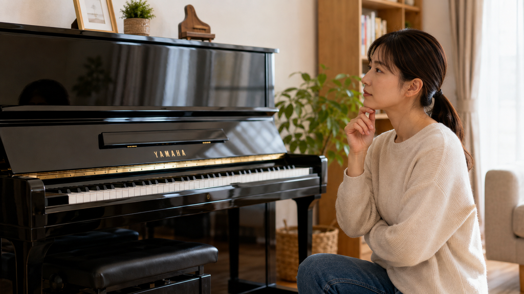 出張査定前にYAMAHAアップライトピアノの状態を確認する女性