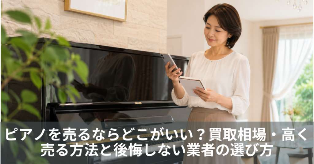 ピアノを売る前に査定先を検討する女性とYAMAHAアップライトピアノ