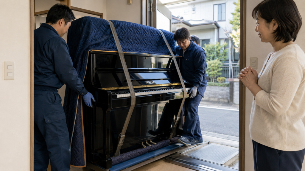 YAMAHAアップライトピアノを専門作業員が自宅から搬出する様子