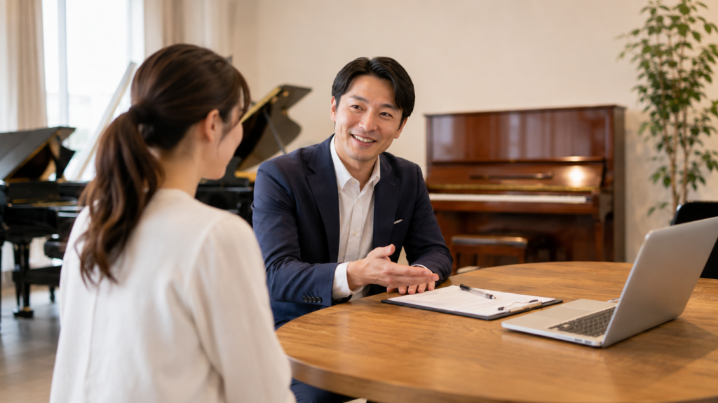 ピアノ販売代行や委託販売の条件を担当者に相談する様子