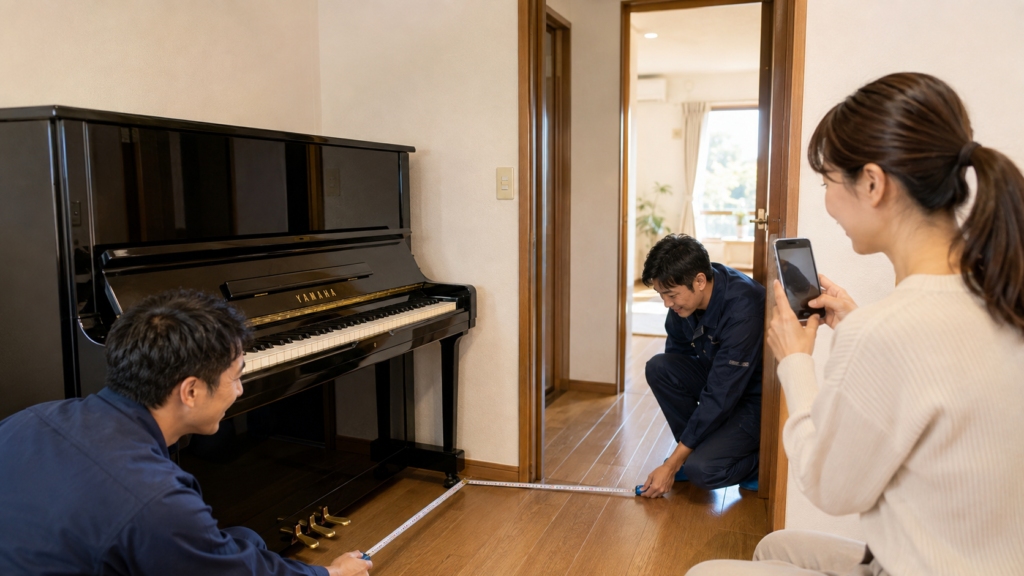 ピアノ搬出前に廊下とドアの幅を測るピアノ運搬業者