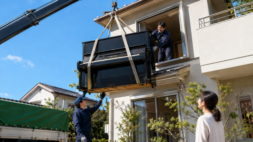 2階の窓からクレーンでアップライトピアノを搬出する作業