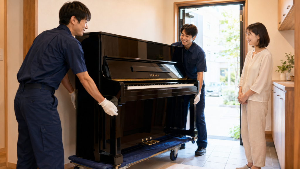 専門業者がアップライトピアノを台車で安全に搬出する様子