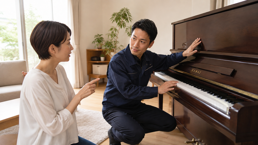 KAWAIのピアノを専門スタッフに査定してもらう様子