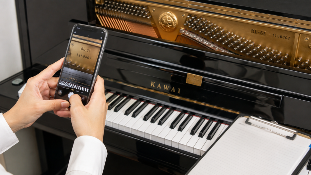 ピアノの型番と製造番号をスマートフォンで確認する様子