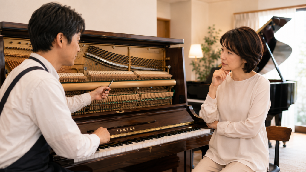 ピアノの修理とオーバーホールについて説明を受ける女性