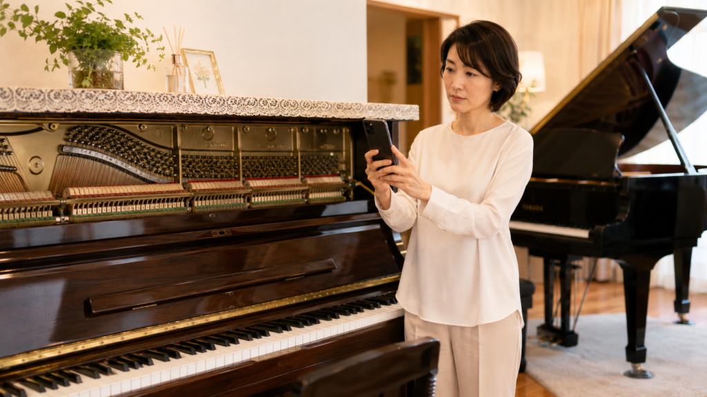 ピアノ買い替え前の査定に備えて状態を撮影する女性