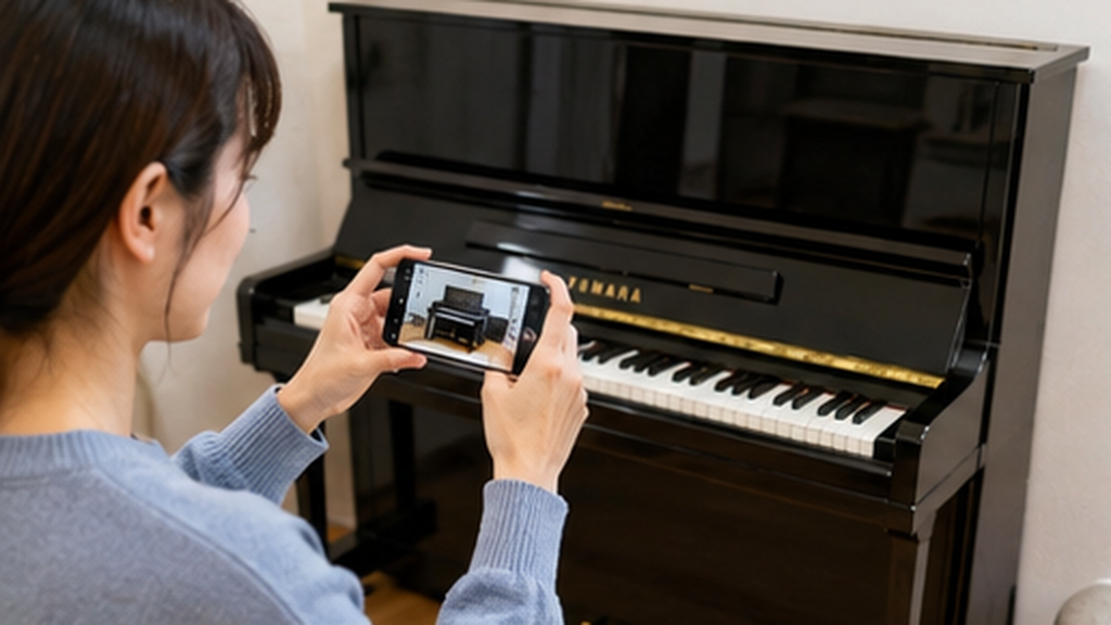 ピアノ買取査定のため本体写真を撮影する女性