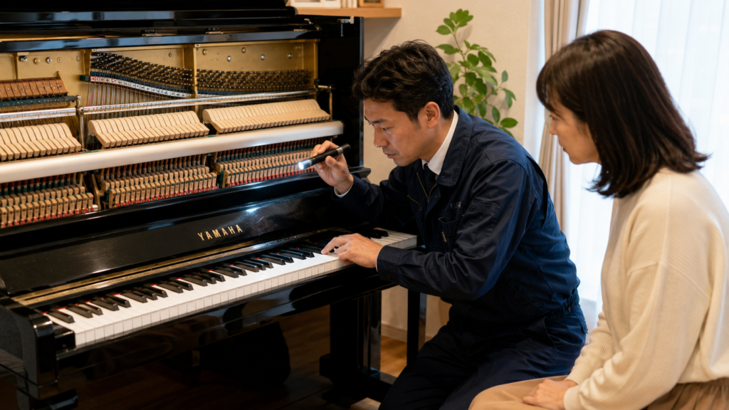 YAMAHAピアノの内部状態を確認する買取査定スタッフ