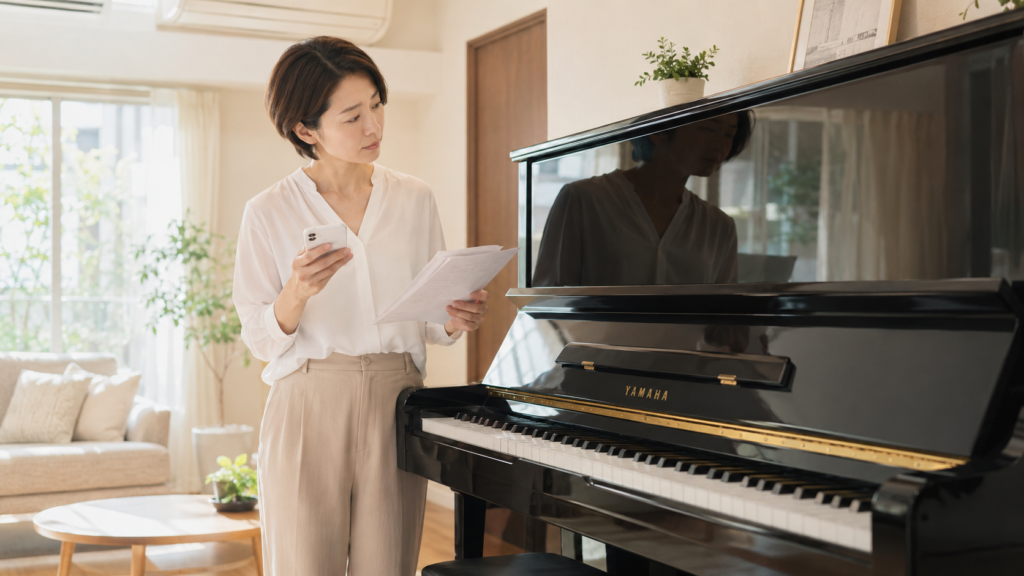 ピアノ買取の査定額と最終受取額を比較する女性