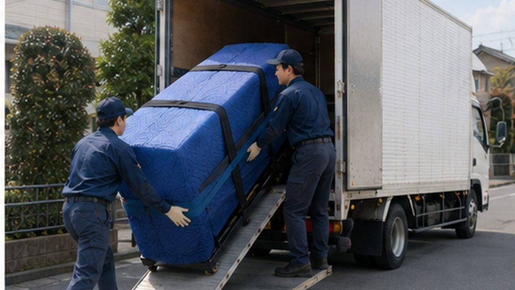 出張買取でピアノを保護してトラックへ積み込む専門スタッフ