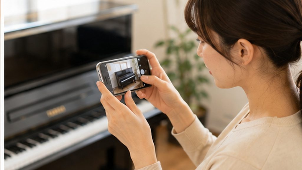 ピアノ査定前にアップライトピアノの型番と製造番号を確認する様子
