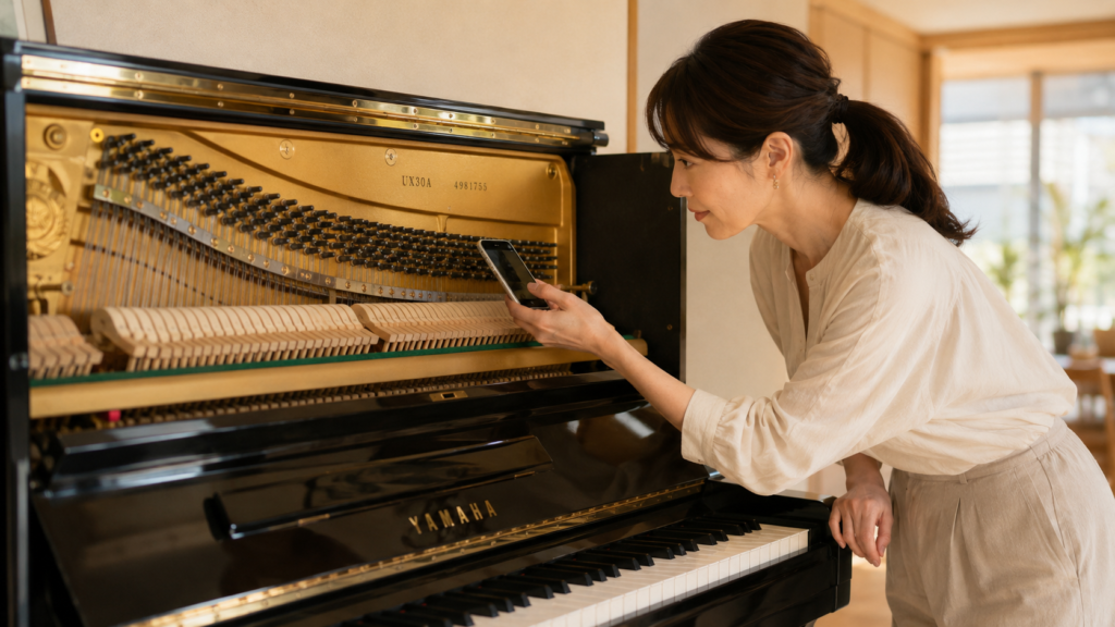 ピアノ査定前にYAMAHAの型番と製造番号を確認する女性