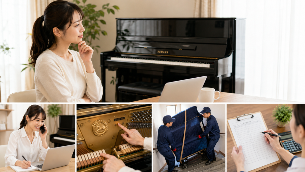 ヤマハのアップライトピアノの型番確認や電話相談を行い、売却査定を検討する様子