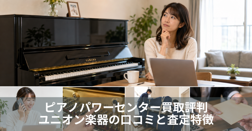 ピアノパワーセンターの買取評判を調べながら、ヤマハのアップライトピアノの査定や搬出条件を比較検討する様子