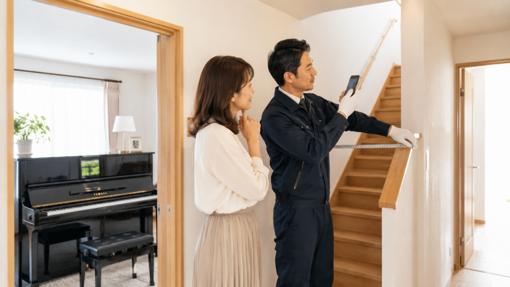 ピアノ買取前に階段や廊下の搬出経路を確認する様子