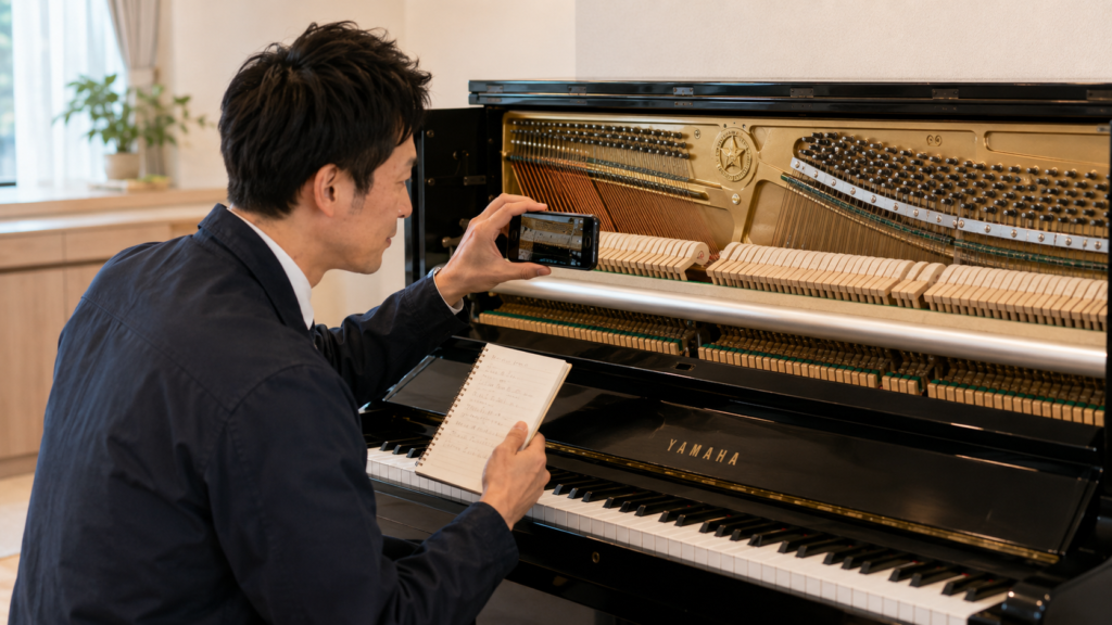 YAMAHAピアノの内部や状態を撮影して買取査定の準備をする様子