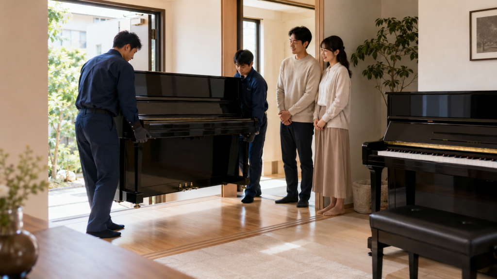 ピアノ下取りで古いアップライトピアノを搬出する専門スタッフ