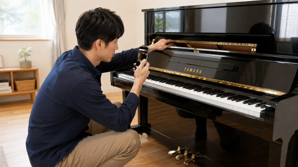 ピアノ査定前にYAMAHAの型番や状態をスマートフォンで確認する様子