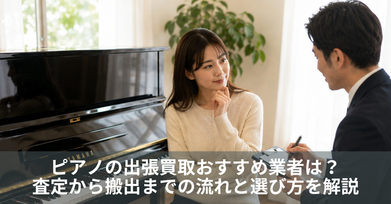 ピアノの出張買取で自宅査定を受ける女性と査定担当者