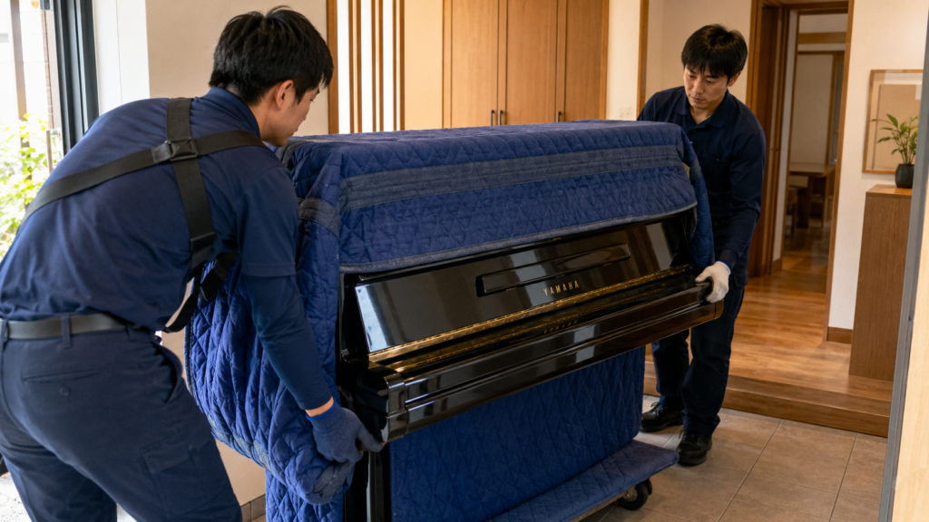 YAMAHAアップライトピアノを新居へ慎重に運搬する専門作業員