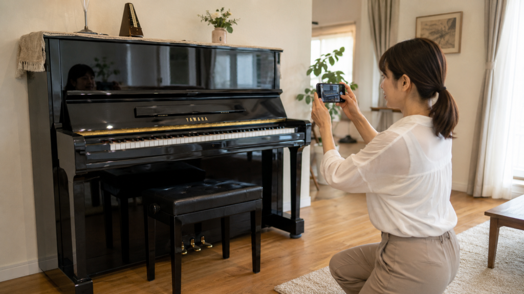 調律前に査定するためYAMAHAアップライトピアノを撮影する女性