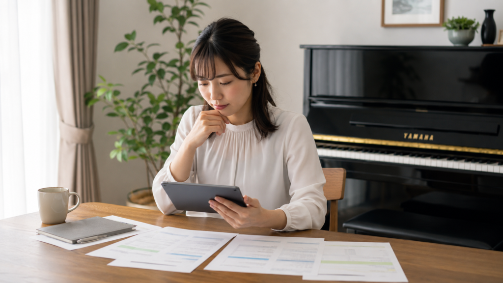 ピアノ運搬料金や見積もり条件を比較する女性