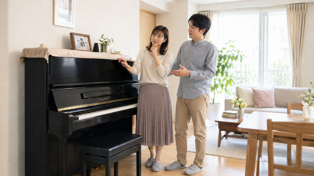ピアノを売るか残すか家族で相談する夫婦