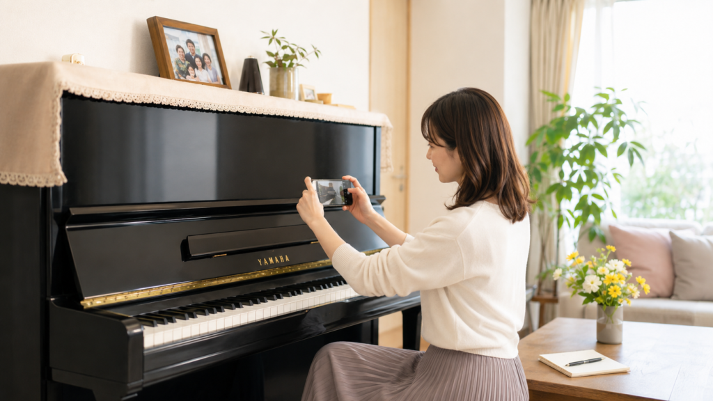 ピアノ査定前にスマホでYAMAHAピアノを撮影する女性