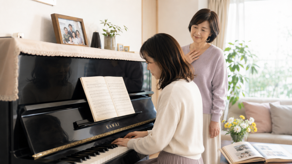 売却前に家族と思い出のピアノを弾く女性