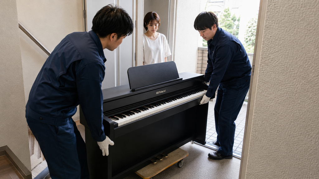 ローランド電子ピアノを玄関から搬出するスタッフ