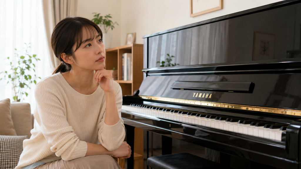 埼玉でYAMAHAグランドピアノの買取を検討する女性