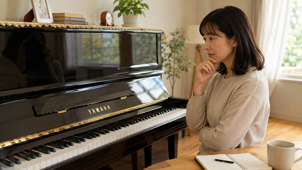 埼玉でピアノ買取業者を比較する女性とYAMAHAアップライトピアノ