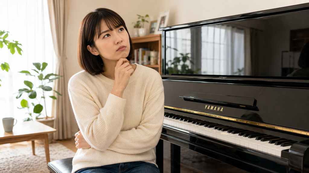 札幌でピアノの査定結果を確認して売却を検討する女性