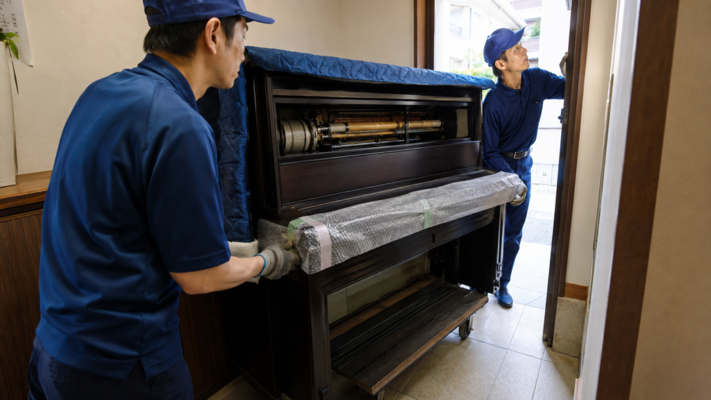 自動演奏ピアノを専門作業員が住宅から安全に搬出する様子