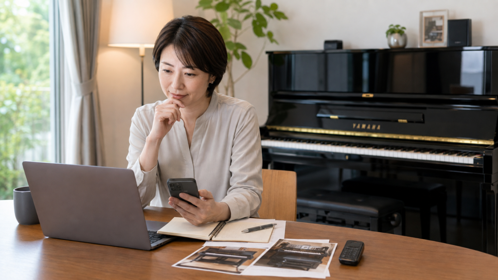自動演奏ピアノの買取査定をパソコンとスマホで比較する女性