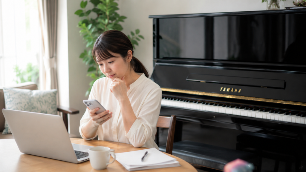 仙台でピアノ買取業者の査定条件を比較する女性